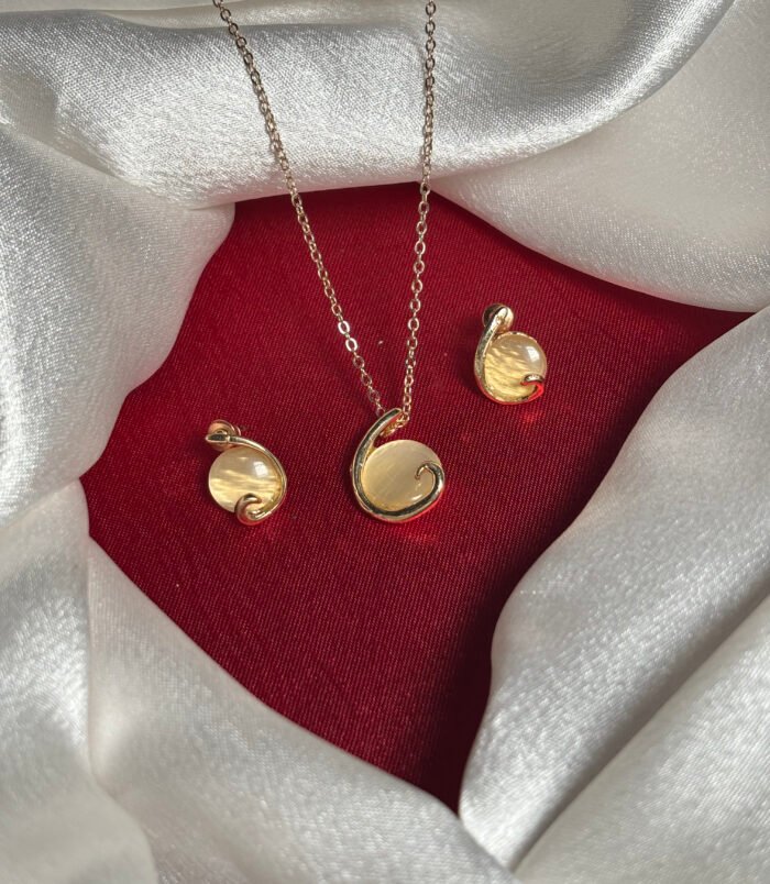 Elegant Gold Swirl Pendant Necklace Set with Yellow Stone