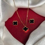 Black Clover Gold Pendant Necklace with Matching Stud Earrings Set