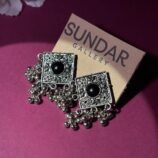 Oxidized Silver Square Jhumka Earrings with Black Stone & Ghungroo Drops