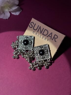 Oxidized Silver Square Jhumka Earrings with Black Stone & Ghungroo Drops