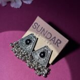 Oxidised Silver Tribal Jhumka Earrings with Black Stone & Ghungroo Drops