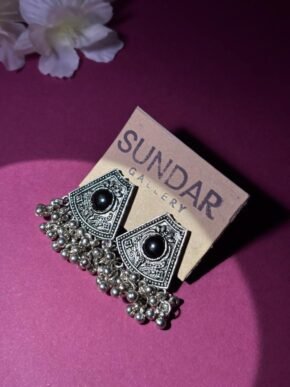 Oxidised Silver Tribal Jhumka Earrings with Black Stone & Ghungroo Drops