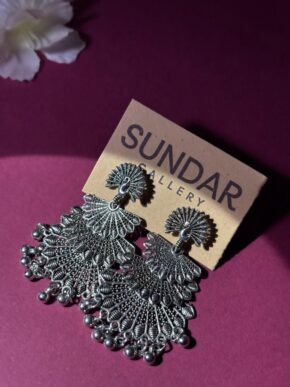 Oxidized Peacock Fan Jhumka Earrings with Ghungroo – Traditional Statement Chandbali Style