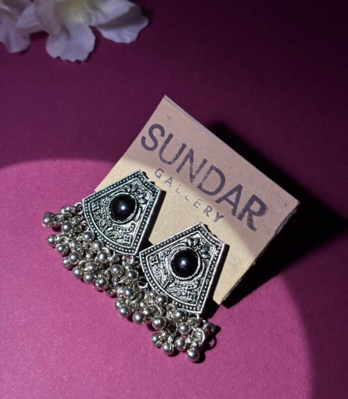 Oxidised Silver Tribal Jhumka Earrings with Black Stone & Ghungroo Drops