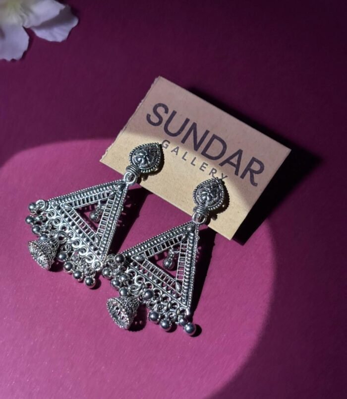 Oxidized Silver Tribal Triangle Jhumka Earrings for Women Oxidized Silver Tribal Triangle Jhumka Earrings for Women