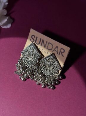Oxidised Silver Square Chandbali Earrings with Ghungroo Drops for Women