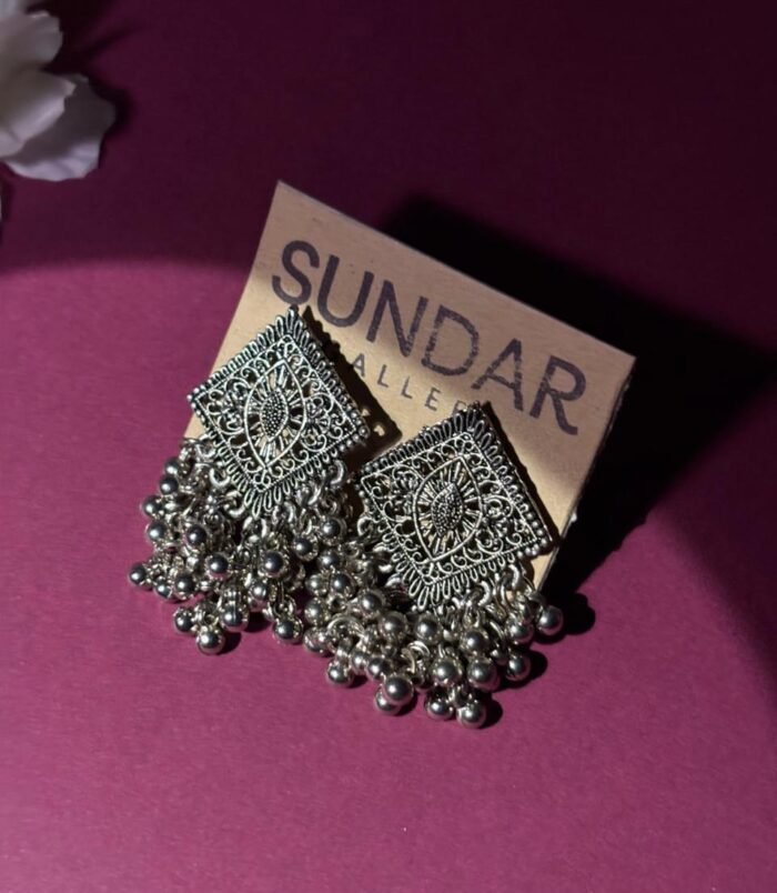 Oxidised Silver Square Chandbali Earrings with Ghungroo Drops for Women