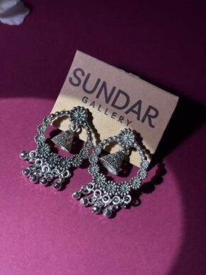 Oxidized Silver Chandbali Jhumka Earrings with Ghungroo Drops for Women