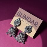 Oxidized Silver Peacock Jhumka Earrings with Black Stone & Ghungroo Drops