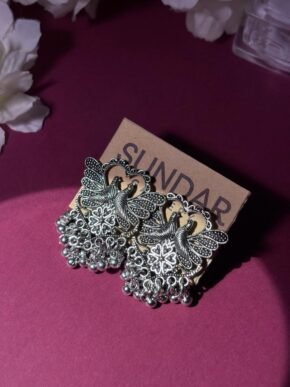 Oxidised Silver Peacock Heart Statement Earrings with Ghungroo Jhumka Design