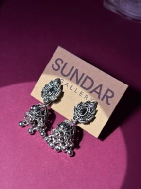 Oxidized Silver Peacock Jhumka Earrings with Black Stone & Ghungroo Drops