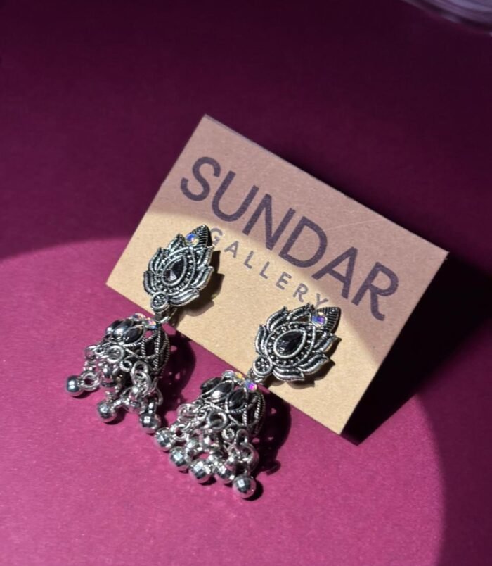 Oxidized Silver Peacock Jhumka Earrings with Black Stone & Ghungroo Drops