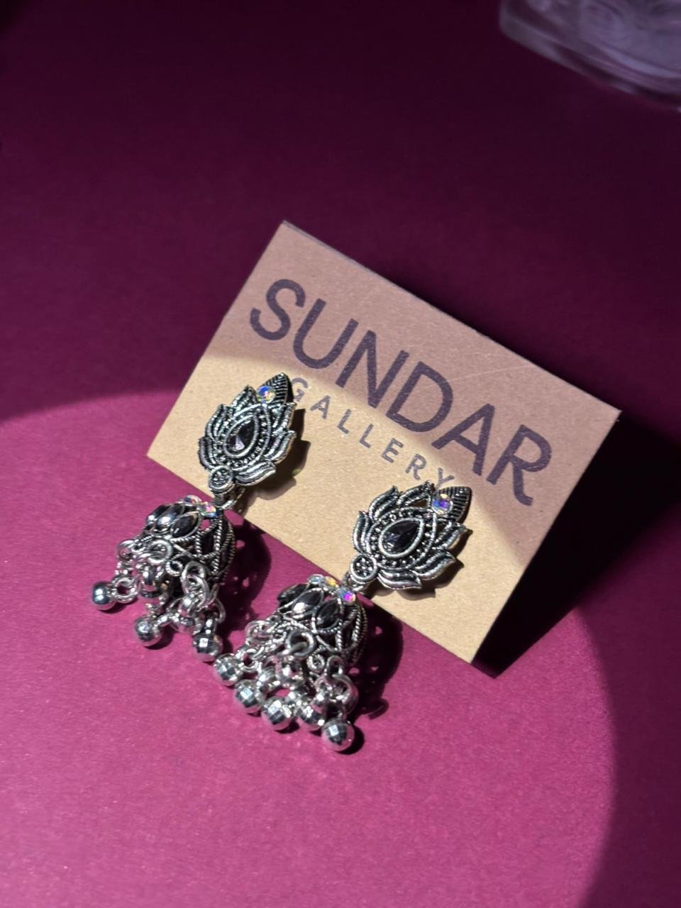 Oxidized Silver Peacock Jhumka Earrings with Black Stone & Ghungroo Drops