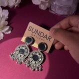 Oxidized Silver Black Stone Chandbali Earrings with Ghungroo Drops