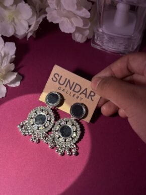 Oxidized Silver Black Stone Chandbali Earrings with Ghungroo Drops