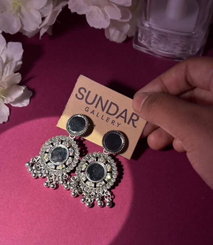 Oxidized Silver Black Stone Chandbali Earrings with Ghungroo Drops