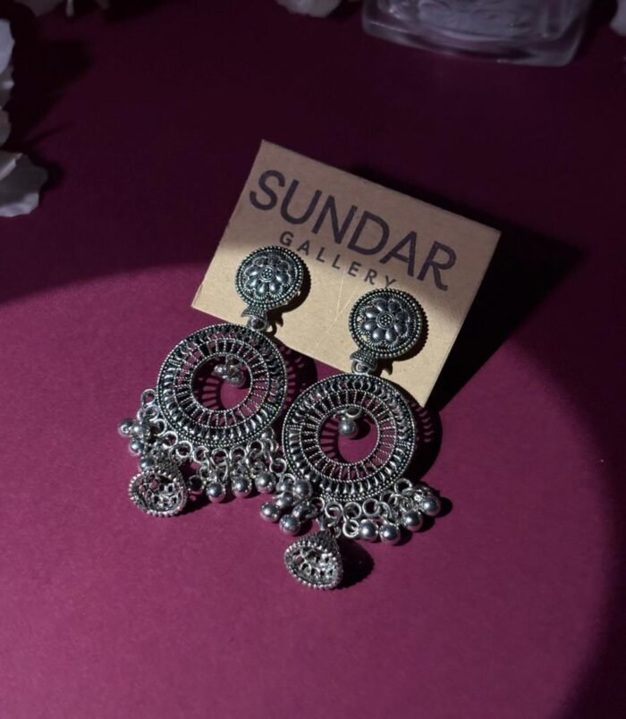 Oxidized Silver Circular Chandbali Earrings with Ghungroo Drops – Traditional Statement Jhumka