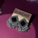 Oxidized Silver Black Stone Square Jhumka Earrings for Wome