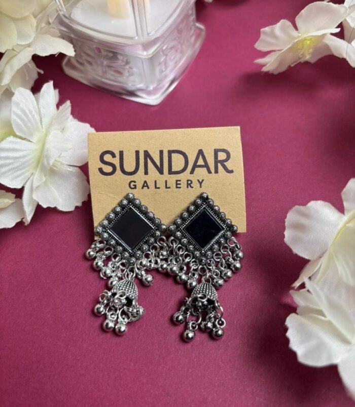 Black Stone Oxidized Silver Jhumka Earrings with Ghungroo Drops Black Stone Oxidized Silver Jhumka Earrings with Ghungroo Drops