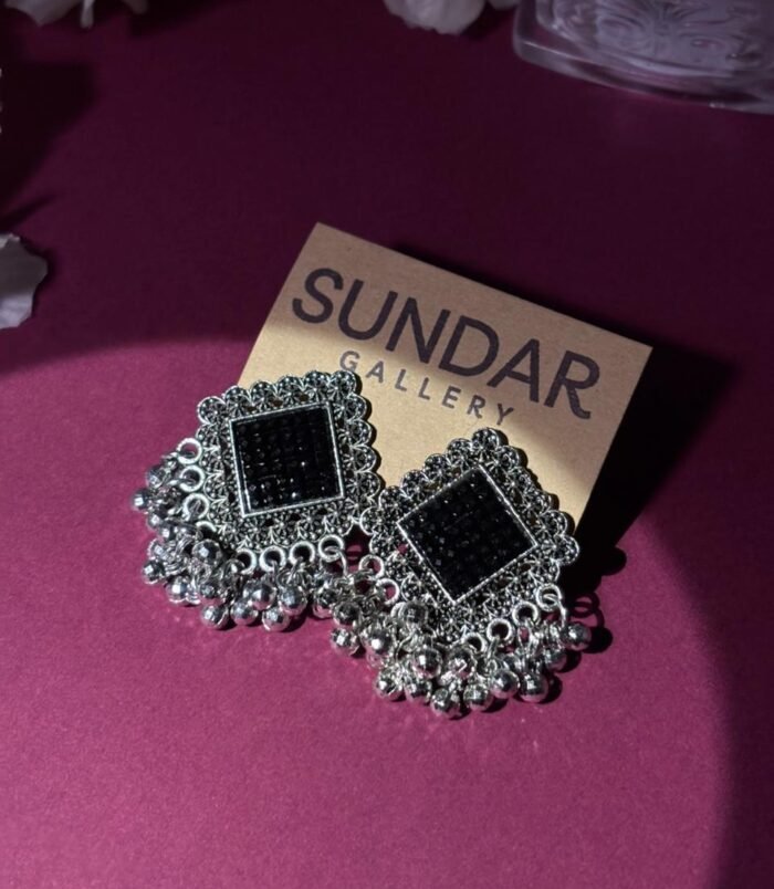 Oxidized Silver Black Stone Square Jhumka Earrings for Wome Oxidized Silver Black Stone Square Jhumka Earrings for Wome