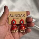 Red Handcrafted Jhumka Earrings with Pearl Drops & Enamel Detailing