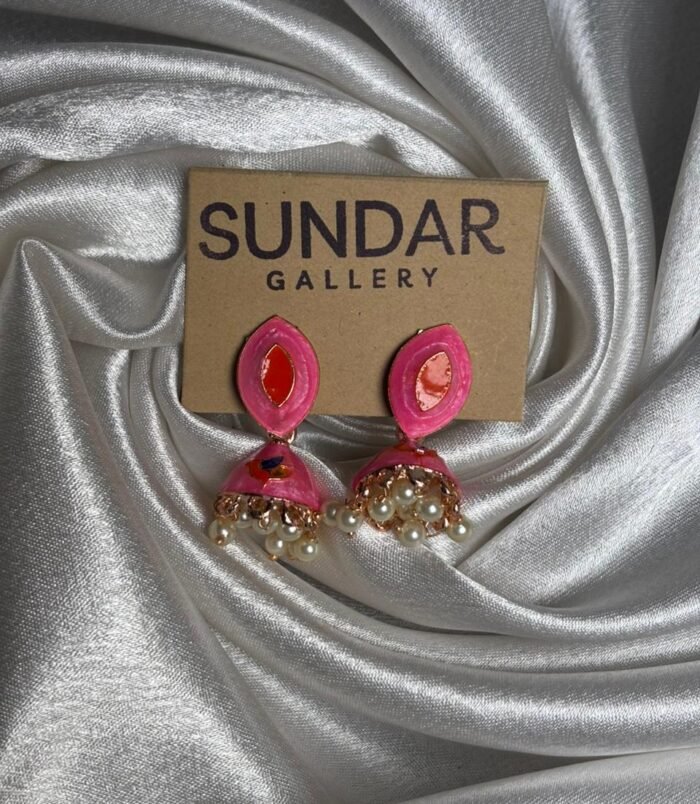 Pink Meenakari Oxidized Jhumka Earrings with Pearl Drops Pink Meenakari Oxidized Jhumka Earrings with Pearl Drops