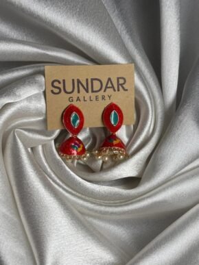 Red Green Meenakari Oxidized Jhumka Earrings with Pearl Drops