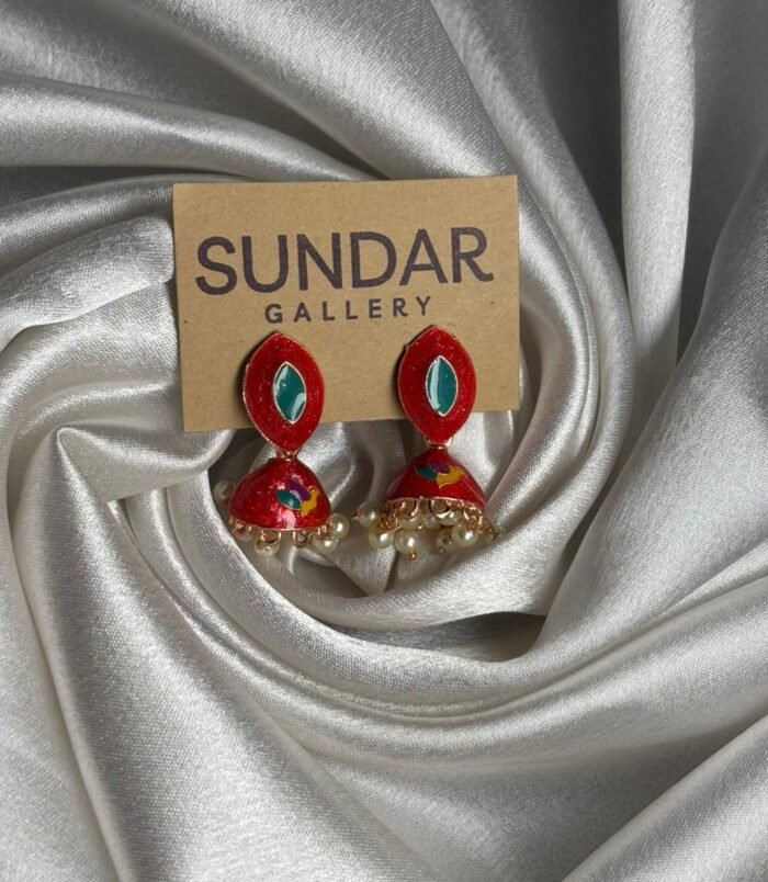 Red Green Meenakari Oxidized Jhumka Earrings with Pearl Drops