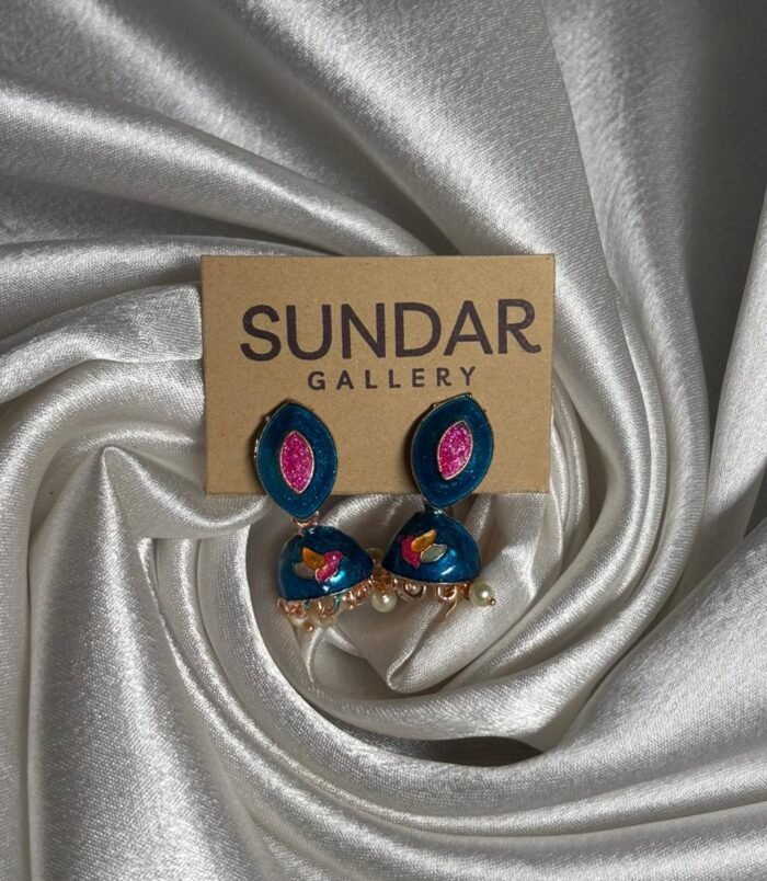 Blue Pink Meenakari Oxidized Jhumka Earrings with Pearl Drops Blue Pink Meenakari Oxidized Jhumka Earrings with Pearl Drops