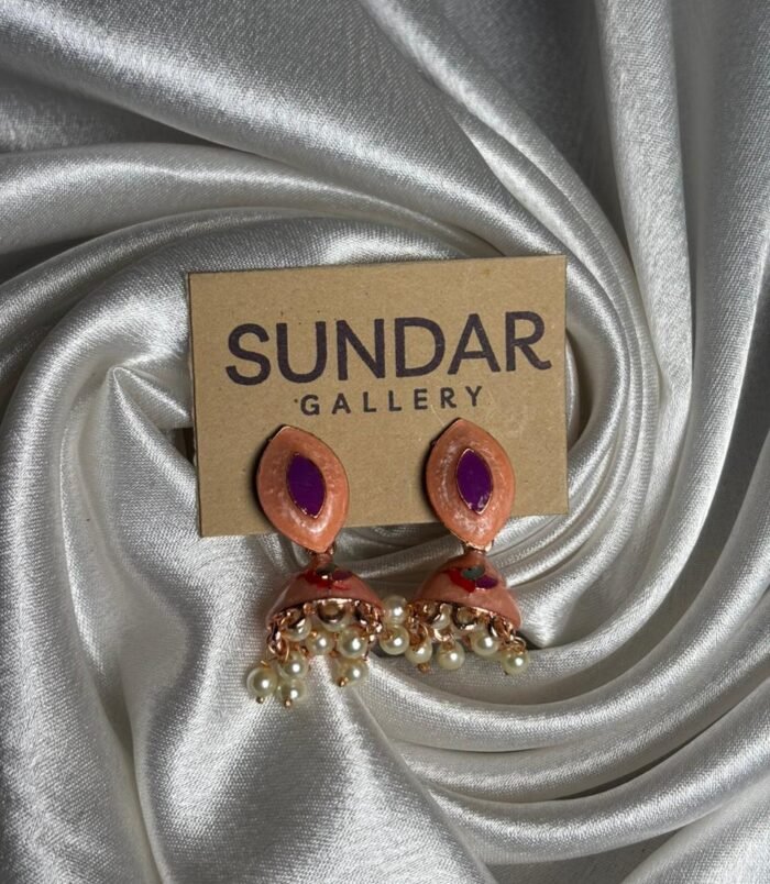 Peach Purple Meenakari Oxidized Jhumka Earrings with Pearl Drop Peach Purple Meenakari Oxidized Jhumka Earrings with Pearl Drop
